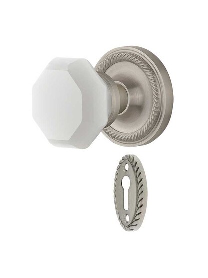 Rope Rosette Mortise Lock Set with Milk White Waldorf Crystal Glass Knobs in Satin Nickel.
